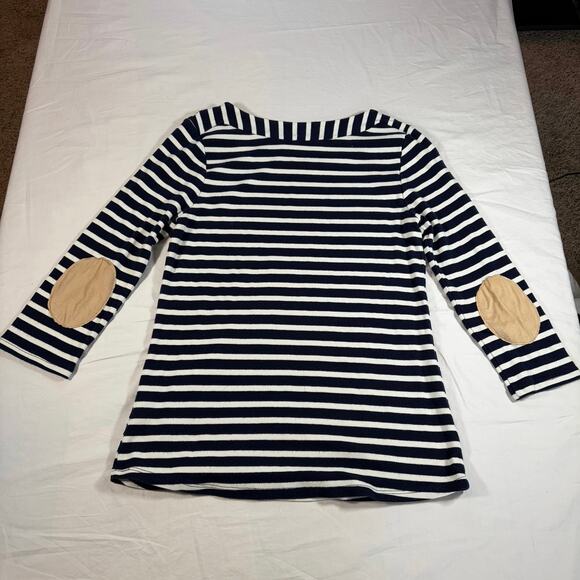 Monteau womens boatneck navy white stripe 3/4 sleeve elbow patch L. Nautical - Picture 3 of 8